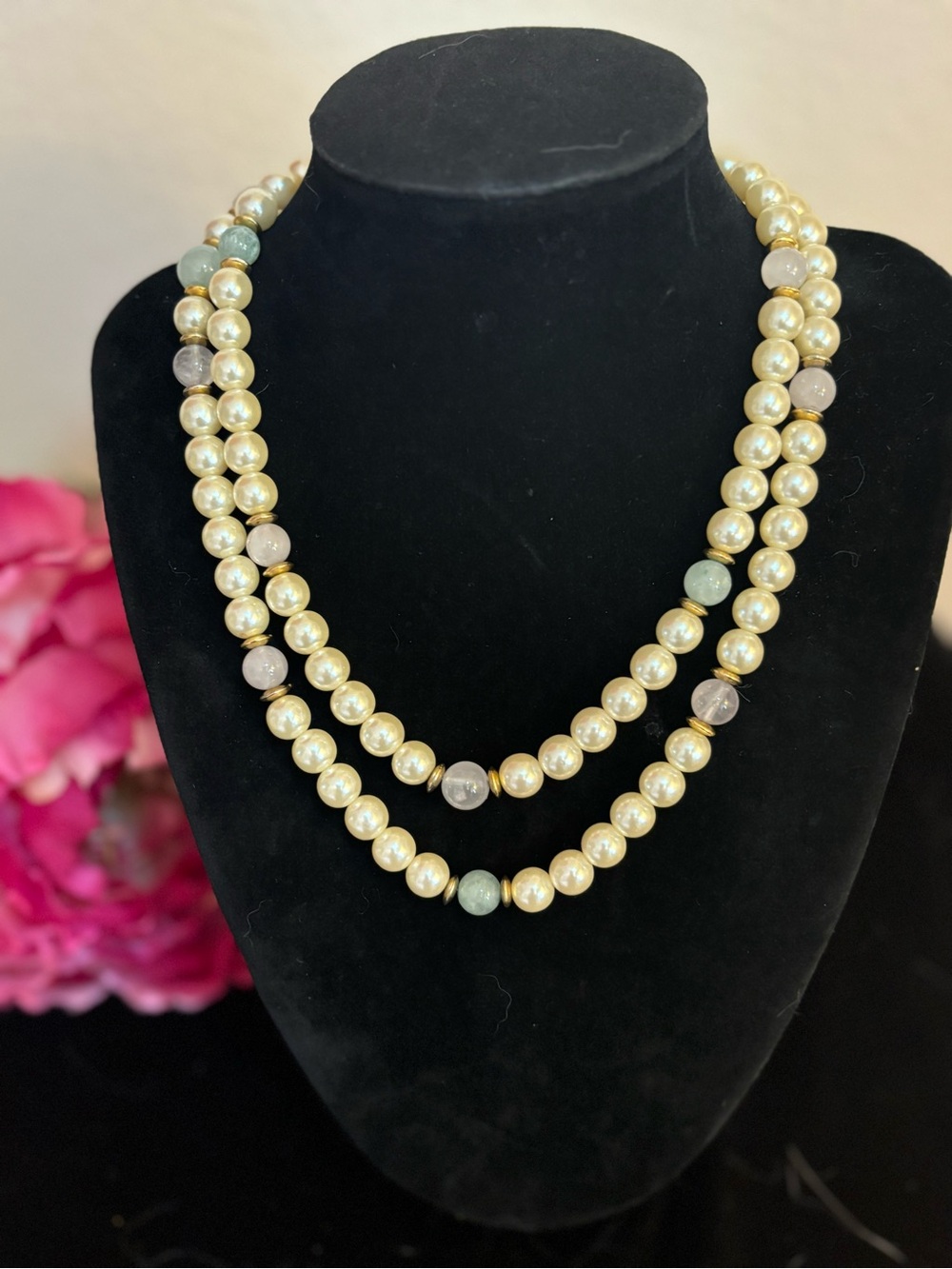 Elegant Single Strand Faux Pearl Necklace with Pastel Accent Beads, 32”